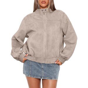 Women Faux Leather Jacket Oversized Suede Apricot Bomber Coat Fall Winter Outfit